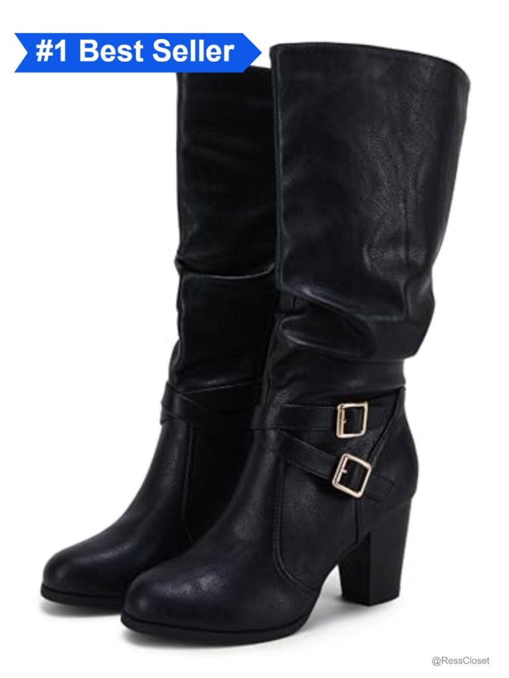 Women's Mid Calf Chunky Heel Boots Faux Leather Slouchy Side Zip Fashion